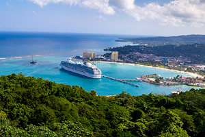 Ship docked in harbor, Jamaica